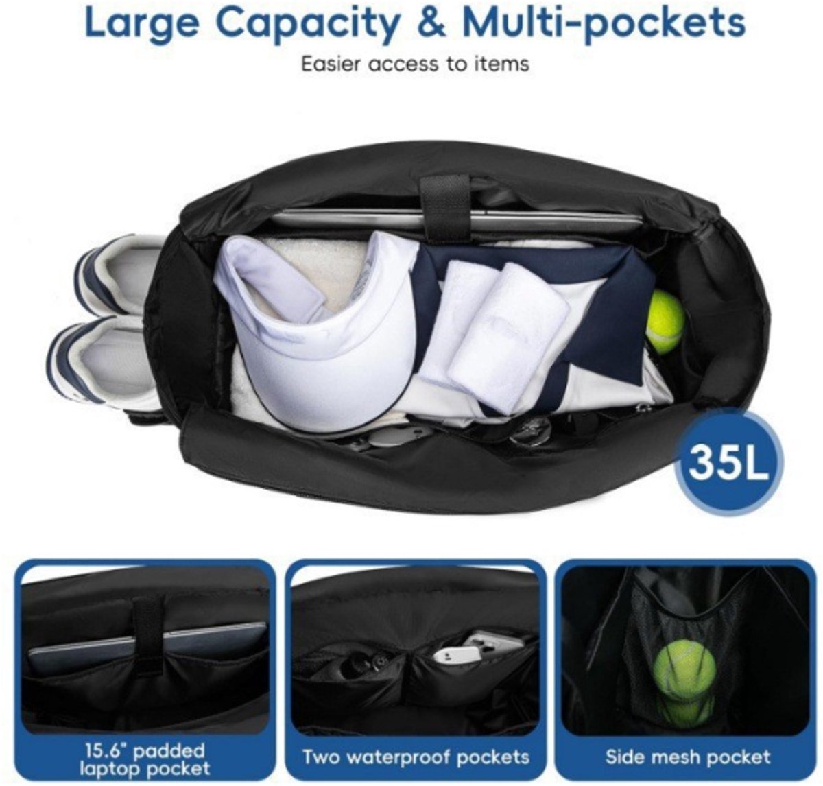 Backpack - Tennis bag - Handbag - Sports bag - Waterproof racket bag - Suitable for multiple rackets with shoe compartment - Black