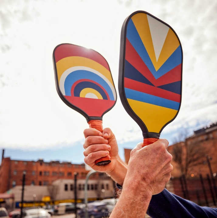 Style 4 Colorful  Geometric Patterns Fiberglass Pickleball Paddle Set - 2 Paddles, 4 Balls, and Portable Carry Bag for Outdoor Play